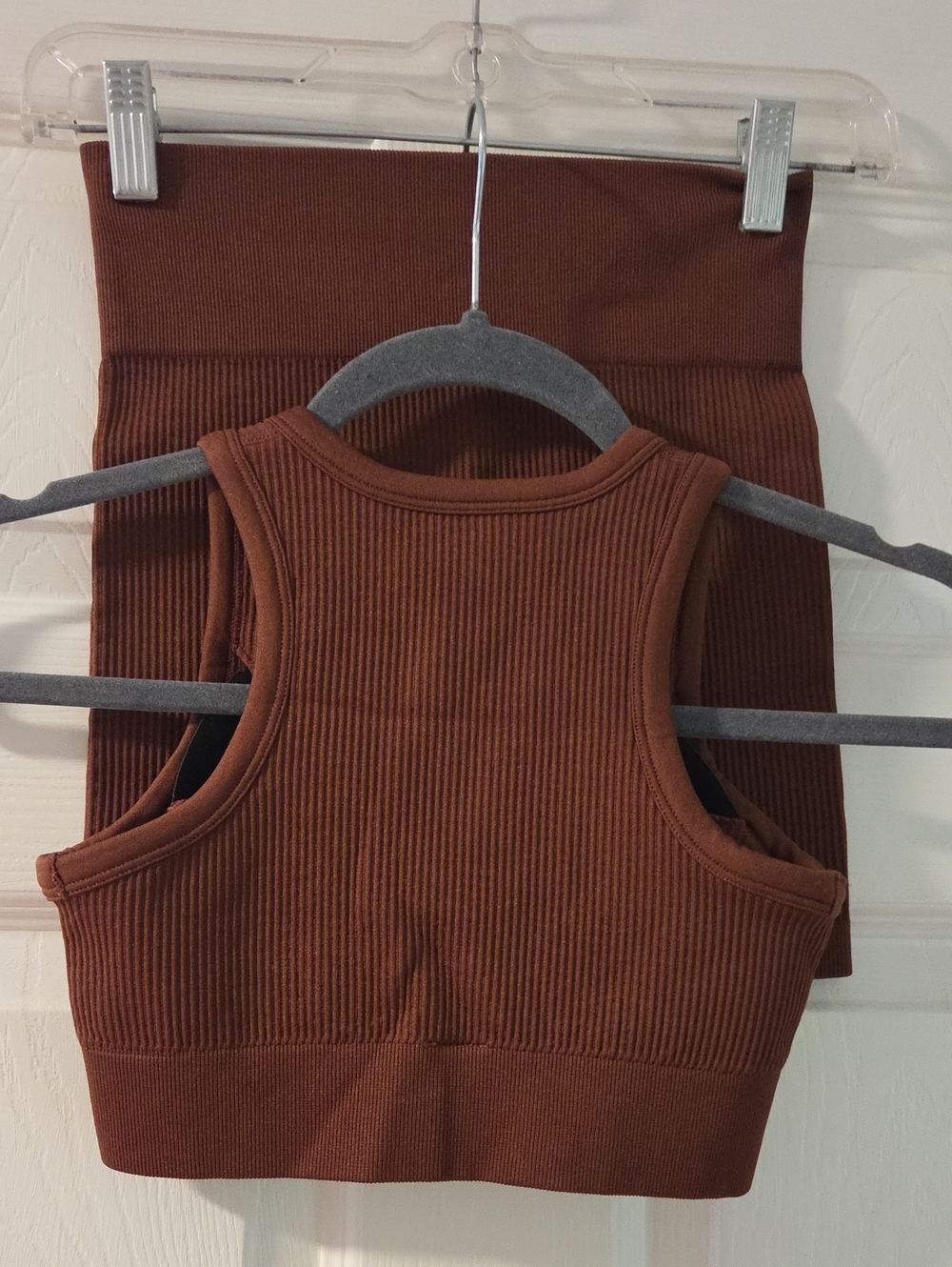 ****Ribbed Brown Active Crop Top & High-Waist Bike Shorts Set - Picture 3 of 5